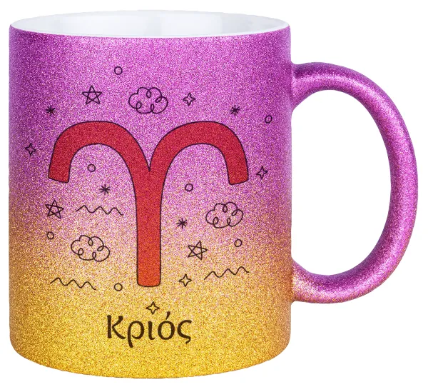 Ζώδια Κριός — Κούπα Χρυσή/Ροζ Glitter, κεραμική, 330ml