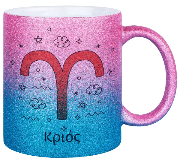 Ζώδια Κριός — Κούπα Χρυσή/Μπλε Glitter, κεραμική, 330ml