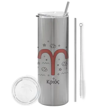Ζώδια Κριός, Tumbler stainless steel Silver 600ml, with metal straw & cleaning brush