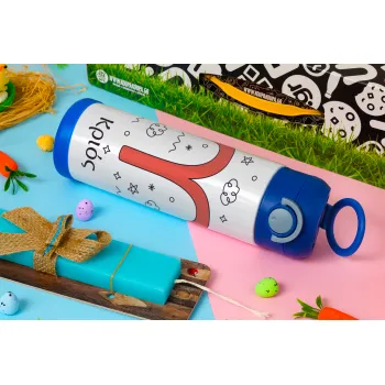 Ζώδια Κριός, Πασχαλινή Λαμπάδα με Παιδικό παγούρι θερμό, ανοξείδωτο, με καλαμάκι ασφαλείας, ΜΠΛΕ (500ml)