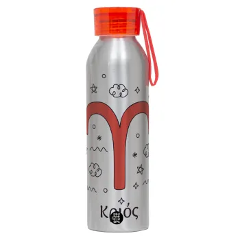 Ζώδια Κριός, Aluminum Sports Bottle 650ml – Silver with Red Cap and Silicone Strap