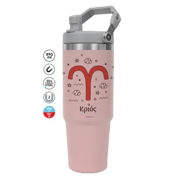 Ζώδια Κριός, Pink color, 890ml (30oz) stainless Steel Tumbler with Handle