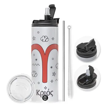 Ζώδια Κριός, Travel Tumbler θερμό με διπλό καπάκι, μεταλλικό καλαμάκι και βούρτσα καθαρισμού (Ανωξείδωτο 304 Food grade, BPA free, 600ml)