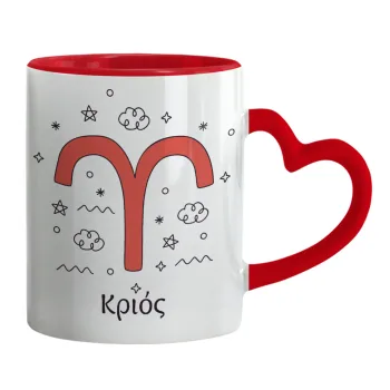 Ζώδια Κριός, Mug heart red handle, ceramic, 330ml
