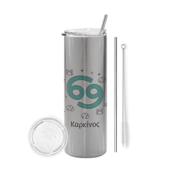 Ζώδια Καρκίνος, Tumbler ποτήρι θερμό Ασημένιο από ανοξείδωτο ατσάλι 600ml, με μεταλλικό καλαμάκι & βούρτσα καθαρισμού