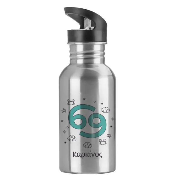 Ζώδια Καρκίνος — Water bottle Silver with straw, stainless steel 600ml