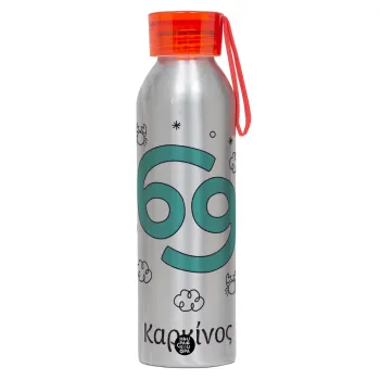 Ζώδια Καρκίνος, Aluminum Sports Bottle 650ml – Silver with Red Cap and Silicone Strap