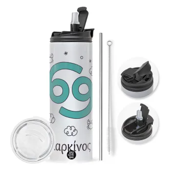 Ζώδια Καρκίνος, Travel Tumbler θερμό με διπλό καπάκι, μεταλλικό καλαμάκι και βούρτσα καθαρισμού (Ανωξείδωτο 304 Food grade, BPA free, 600ml)