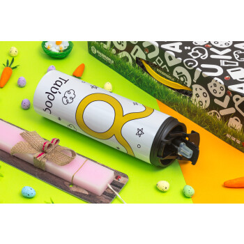 Ζώδια Ταύρος, Easter candle,Travel Tumbler 2 Lids, with metal straw & cleaning brush & aromatic flat candle (30cm) (PINK)