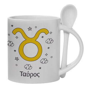 Ζώδια Ταύρος, Ceramic coffee mug with Spoon, 330ml (1pcs)