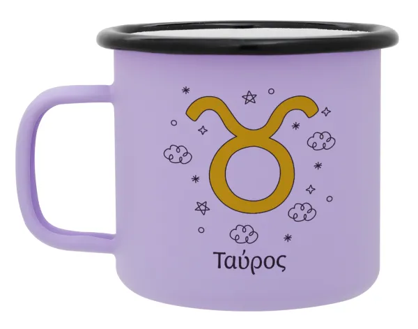 Ζώδια Ταύρος — Metal enamel mug, matte light pastel purple, 360ml