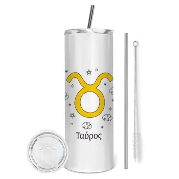 Ζώδια Ταύρος, Tumbler ποτήρι θερμό από ανοξείδωτο ατσάλι 600ml, με μεταλλικό καλαμάκι & βούρτσα καθαρισμού