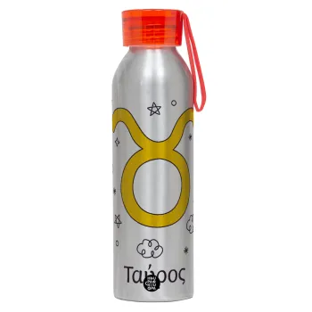 Ζώδια Ταύρος, Aluminum Sports Bottle 650ml – Silver with Red Cap and Silicone Strap