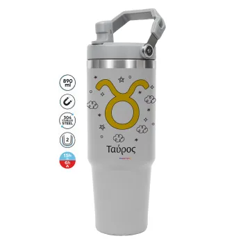 Ζώδια Ταύρος, GREY color, 890ml (30oz) stainless Steel Tumbler with Handle