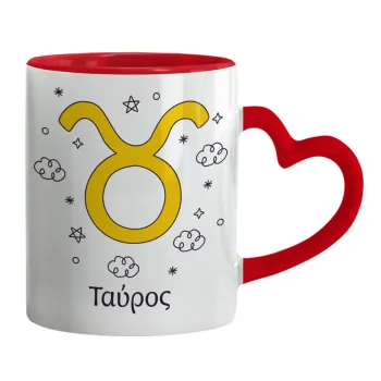 Ζώδια Ταύρος, Mug heart red handle, ceramic, 330ml