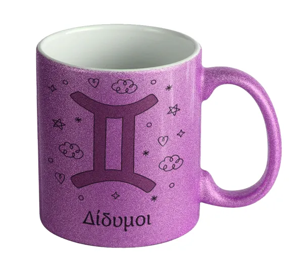 Ζώδια Δίδυμοι — Κούπα Μωβ Glitter που γυαλίζει, κεραμική, 330ml