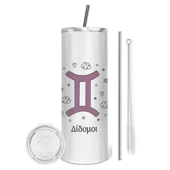 Ζώδια Δίδυμοι, Tumbler ποτήρι θερμό από ανοξείδωτο ατσάλι 600ml, με μεταλλικό καλαμάκι & βούρτσα καθαρισμού