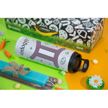 Ζώδια Δίδυμοι, Easter candle,Travel Tumbler 2 Lids, with metal straw & cleaning brush & aromatic flat candle (30cm) (BLUE)