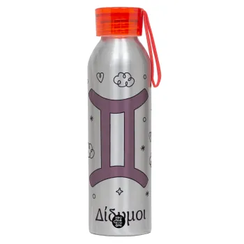 Ζώδια Δίδυμοι, Aluminum Sports Bottle 650ml – Silver with Red Cap and Silicone Strap