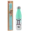 Easter Set, Metallic green/white thermos (Stainless steel), double-walled, 500ml & scented flat Easter candle (30cm) (TURQUOISE)
