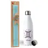 Easter Set, metallic stainless steel water bottle (750ml) & aromatic flat Easter candle (30cm) (TURQUOISE)
