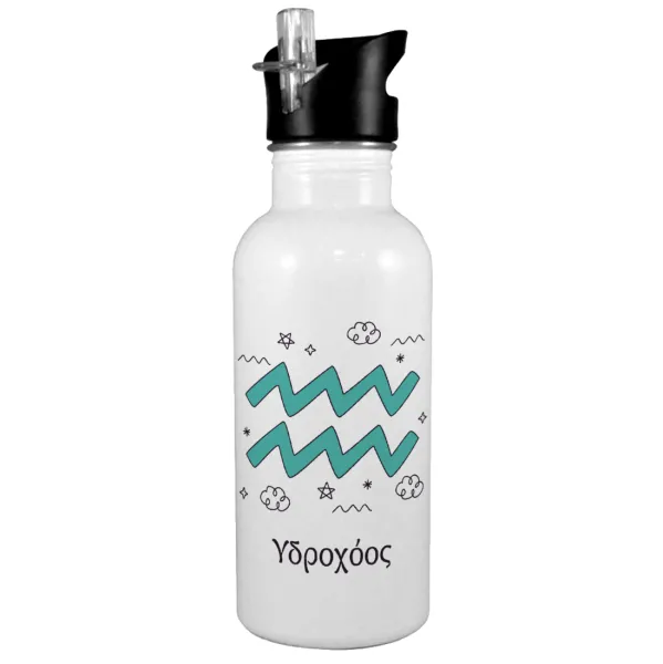 Ζώδια Υδροχόος — White water bottle with straw, stainless steel 600ml