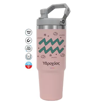 Ζώδια Υδροχόος, Pink color, 890ml (30oz) stainless Steel Tumbler with Handle