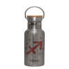 Stainless steel metallic thermos flask, silver with a bamboo lid, double-walled, 350ml.
