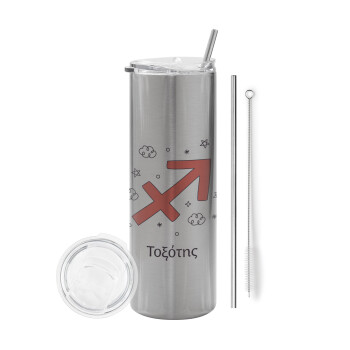 Ζώδια Τοξότης, Tumbler ποτήρι θερμό Ασημένιο από ανοξείδωτο ατσάλι 600ml, με μεταλλικό καλαμάκι & βούρτσα καθαρισμού