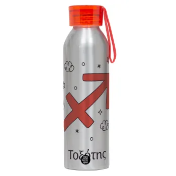 Ζώδια Τοξότης, Αλουμινένιο Αθλητικό Μπουκάλι 650ml – Ασημί με Κόκκινο Καπάκι και Λουράκι Σιλικόνης