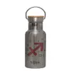 Stainless steel metallic thermos flask, silver with a bamboo lid, double-walled, 350ml.