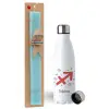 Easter Set, metallic stainless steel water bottle (750ml) & aromatic flat Easter candle (30cm) (TURQUOISE)