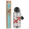 Easter Set, metallic silver aluminum water bottle (500ml) & scented flat Easter candle (30cm) (TURQUOISE)