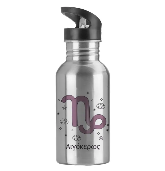 Ζώδια Αιγόκερως — Water bottle Silver with straw, stainless steel 600ml