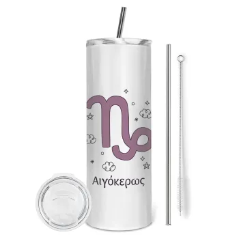 Ζώδια Αιγόκερως, Tumbler ποτήρι θερμό από ανοξείδωτο ατσάλι 600ml, με μεταλλικό καλαμάκι & βούρτσα καθαρισμού