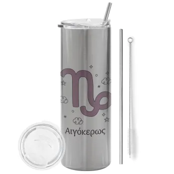 Ζώδια Αιγόκερως, Tumbler ποτήρι θερμό Ασημένιο από ανοξείδωτο ατσάλι 600ml, με μεταλλικό καλαμάκι & βούρτσα καθαρισμού