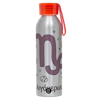 Ζώδια Αιγόκερως, Αλουμινένιο Αθλητικό Μπουκάλι 650ml – Ασημί με Κόκκινο Καπάκι και Λουράκι Σιλικόνης