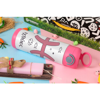 Ζώδια Ιχθύες, Easter candle, Childrens hot water bottle, stainless steel, with safety straw, PINK (500ml)