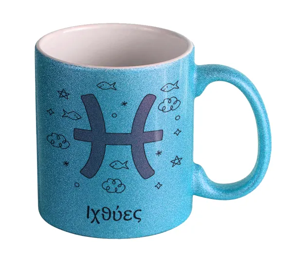 Ζώδια Ιχθύες — Light blue glitter mug that sparkles, ceramic, 330ml