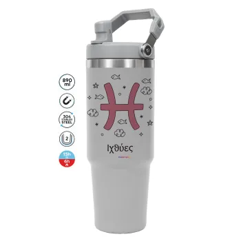 Ζώδια Ιχθύες, GREY color, 890ml (30oz) stainless Steel Tumbler with Handle