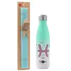 Easter Set, Metallic green/white thermos (Stainless steel), double-walled, 500ml & scented flat Easter candle (30cm) (TURQUOISE)