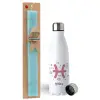 Easter Set, metallic stainless steel water bottle (750ml) & aromatic flat Easter candle (30cm) (TURQUOISE)