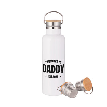 Promoted to Daddy, Stainless steel White with wooden lid (bamboo), double wall, 750ml