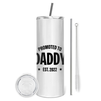 Promoted to Daddy, Eco friendly ποτήρι θερμό (tumbler) από ανοξείδωτο ατσάλι 600ml, με μεταλλικό καλαμάκι & βούρτσα καθαρισμού