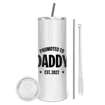 Promoted to Daddy, Tumbler ποτήρι θερμό από ανοξείδωτο ατσάλι 600ml, με μεταλλικό καλαμάκι & βούρτσα καθαρισμού