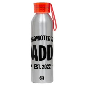 Promoted to Daddy, Αλουμινένιο Αθλητικό Μπουκάλι 650ml – Ασημί με Κόκκινο Καπάκι και Λουράκι Σιλικόνης