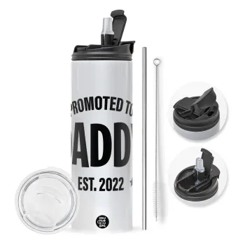 Promoted to Daddy, Travel Tumbler 2 Lids, with metal straw & cleaning brush (Stainless steel 304 Food grade, BPA free, 600ml)