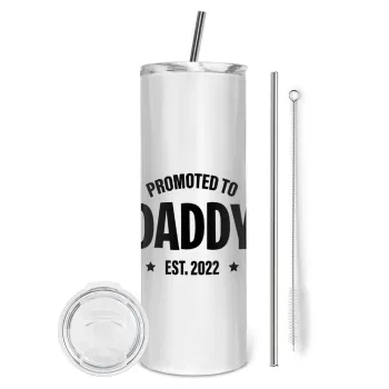 Promoted to Daddy, Tumbler ποτήρι θερμό από ανοξείδωτο ατσάλι 600ml, με μεταλλικό καλαμάκι & βούρτσα καθαρισμού