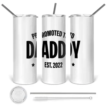 Promoted to Daddy, Tumbler ποτήρι θερμό από ανοξείδωτο ατσάλι 600ml, με μεταλλικό καλαμάκι & βούρτσα καθαρισμού