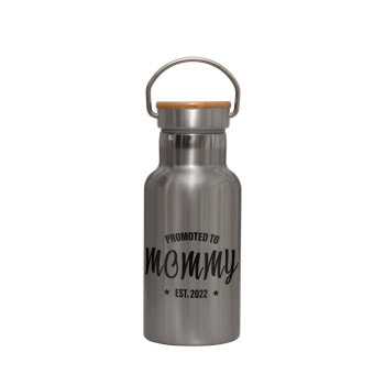 Promoted to Mommy, Stainless steel metallic thermos flask, silver with a bamboo lid, double-walled, 350ml.